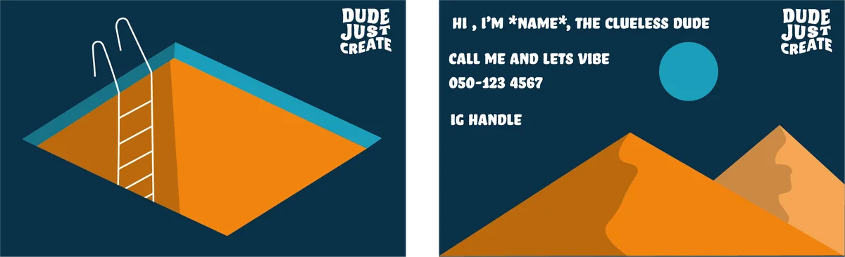 Dude Just Create membership card: a pool illustration on the front and desert dunes on the back