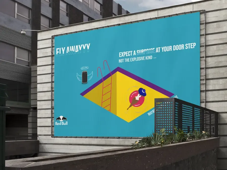 Fly Awayyy billboard on a building: “Expect a surprise at your door step”
