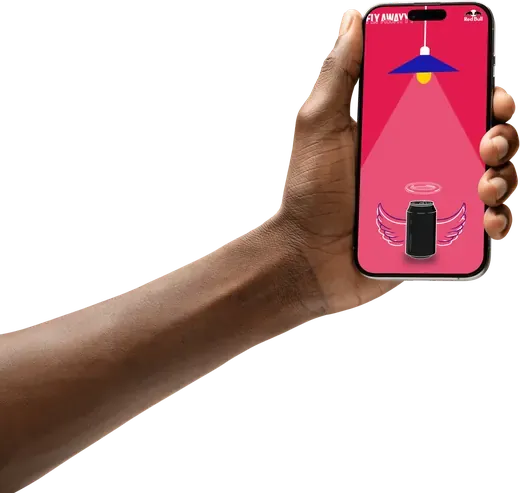 Fly Awayyy social ad on a phone held in a hand