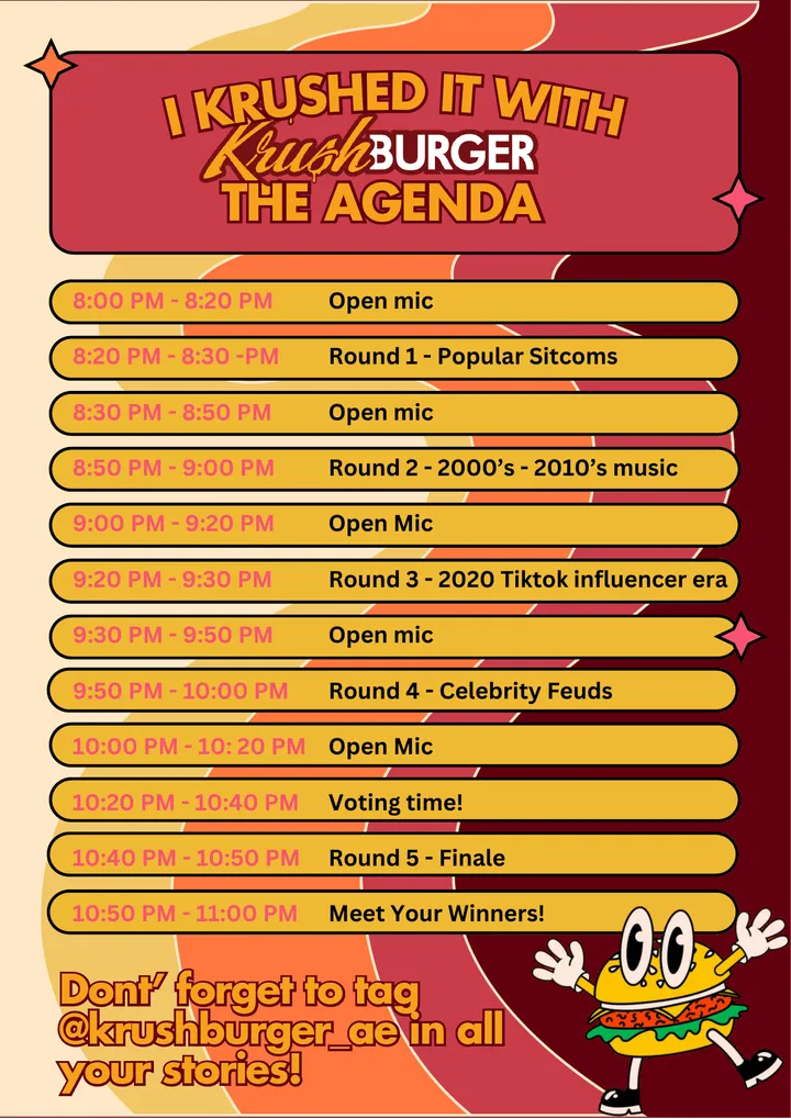 Event agenda: “I Krushed it with Krush Burger”, open mic and trivia rounds through the night