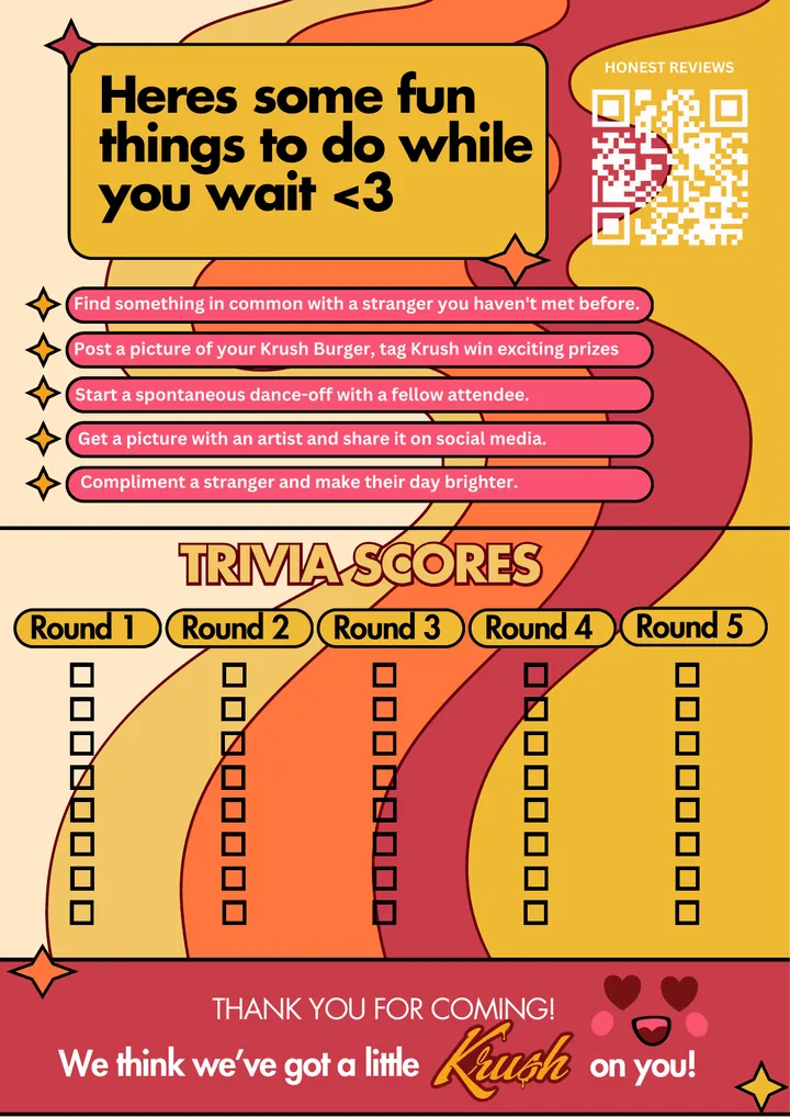 Game sheet with fun things to do while you wait and a trivia score table