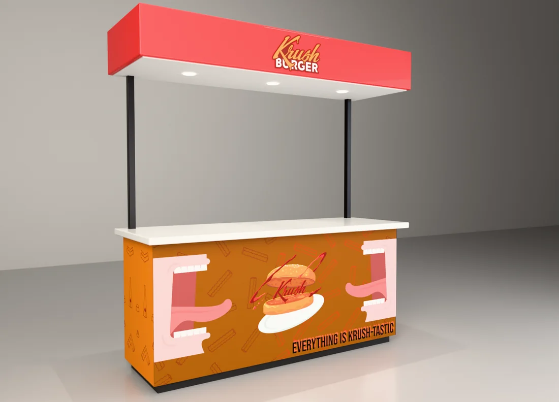 Krush Burger kiosk with a red header and an orange wrap showing two open mouths reaching for a flying burger, “Everything is Krush-tastic”