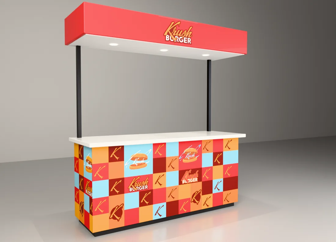 Krush Burger kiosk with a red header and a colour-block wrap of dripping K marks and Krush Burger logos