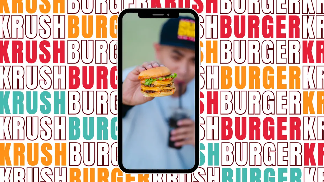 Krush Burger brand profile cover: a phone showing a burger photo over a KRUSH BURGER type pattern
