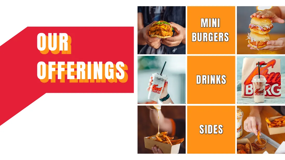 Our offerings slide: mini burgers, drinks and sides