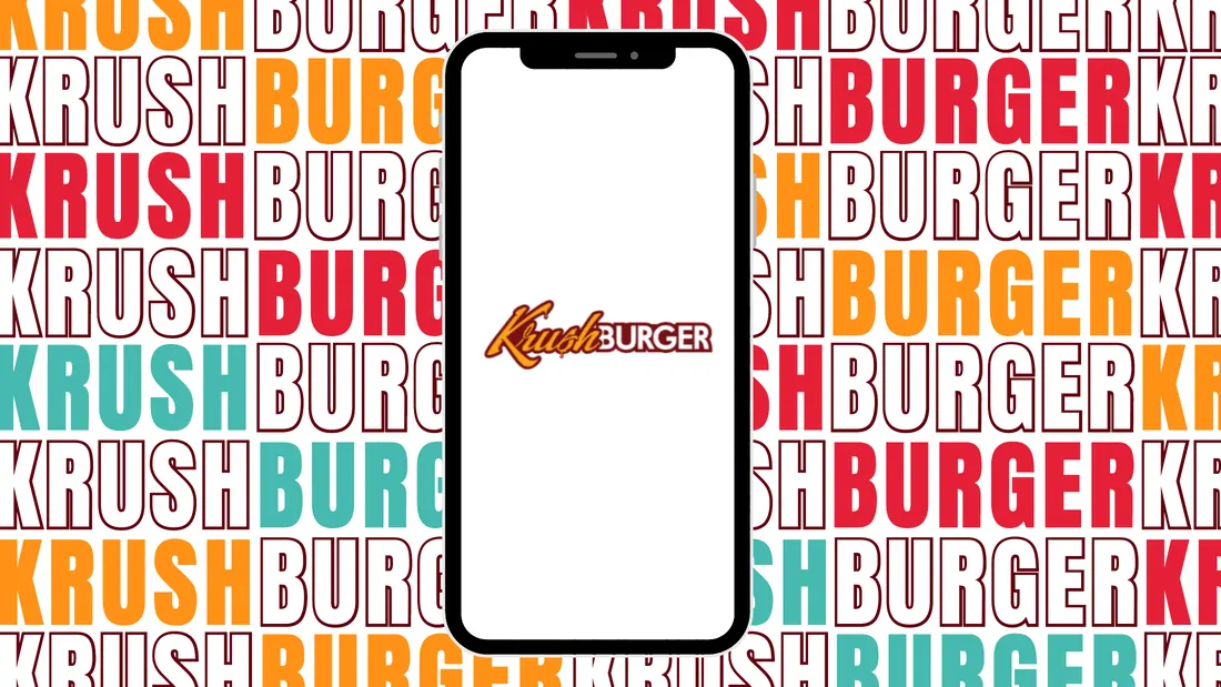 Closing slide with the Krush Burger logo on a phone
