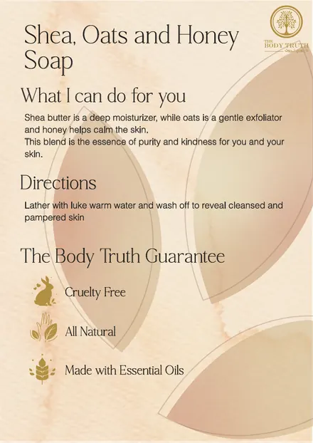 Framed product card for the Shea, Oats and Honey soap