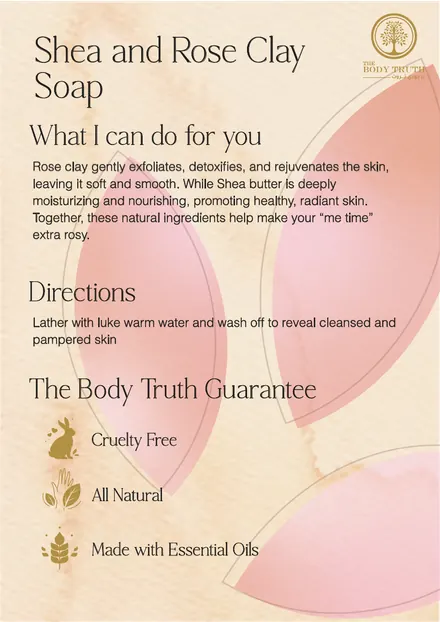 Framed product card for the Shea and Rose Clay soap
